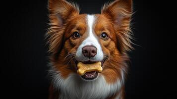 Dog is smiling and holding a bone in its mouth. The dog's fur is brown and white, and it has a happy expression on its face photo