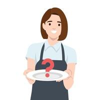 Waitress presents an empty plate with a question mark, hinting at a surprise meal or unknown order. vector