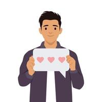 Smiling man in a dark jacket holds a speech bubble with three pink hearts, symbolizing love. vector