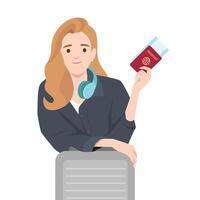 Smiling traveler leans on her suitcase, holding passport and boarding pass,excited for her journey. vector
