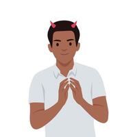 Man with a sly smile and small red devil horns stands with his hands clasped, mischievous intent. vector