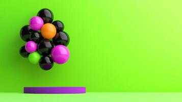 Green background with a large number of colorful balls, including black and orange, floating in the air photo