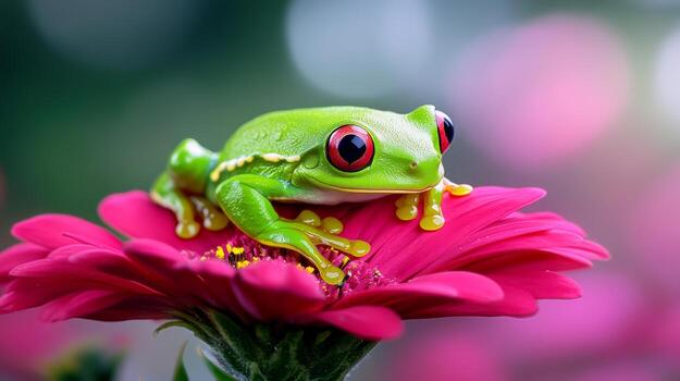 Green frog sits on a pink flower. The frog is surrounded by the flower's petals, which are also pink. Concept of tranquility and harmony between the frog and the flower photo