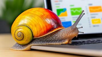 Colorful snail is crawling on a laptop keyboard. The snail is yellow, orange, and red, and it is in a hurry. The laptop is open and has a green screen with various icons and a clock photo