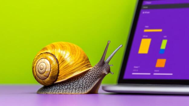 Small yellow and brown snail is on a table next to a laptop. The snail is looking at the laptop screen, which has a purple background and a few colorful bars. Concept of curiosity and wonder photo