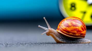 Small orange and yellow snail is on a black surface. The snail is looking up at the clock photo
