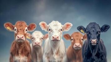 Group of cows are standing in a line, with one cow being black and the others being white photo