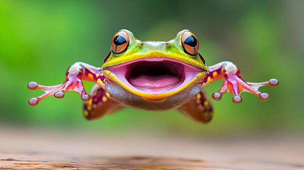 Frog is flying in the air with its mouth open. The frog is green and yellow. The frog is smiling and he is happy photo