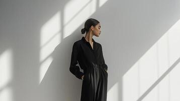 Model poses in a stylish black outfit against a sunlit, minimalistic background photo