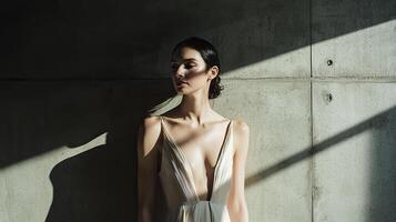 Model poses in minimalist setting with natural light highlighting features photo