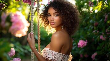 Model poses gracefully on a swing amidst blooming flowers in a tranquil garden photo