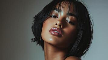 Beautiful model poses gracefully in soft natural light with flowing fabric backdrop photo