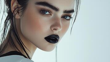 Captivating beauty portrait showcasing striking makeup and intense expression in soft lighting photo
