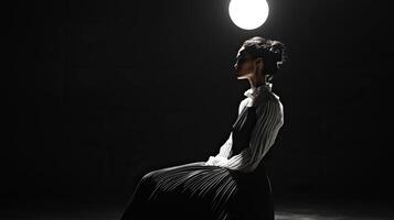 Model showcases elegant pleated skirt in high fashion editorial shoot indoors photo