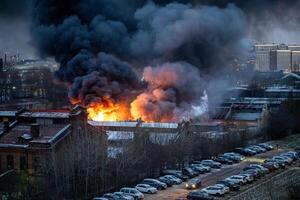 Blackened house burning on outskirts of city, smoke rising high into sky in residential city area photo