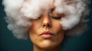 Woman with a cloud on her head. The cloud is white and fluffy. The woman is looking away from the camera photo
