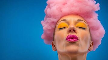 Woman with pink hair and yellow eyes is kissing her lips. The image has a playful and fun mood, as the woman's makeup and hairstyle are bright and colorful photo