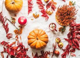Autumn flat lay composition with pumpkins, red and orange leaves, candle, hot chocolate with cream, apples at white textile background. Cozy seasonal fall backdrop. Top view. photo