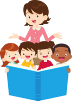 Teacher with students in a library, exploring knowledge. png