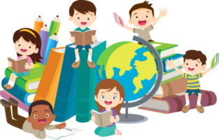 Advertisement featuring cheerful school boys and girls reading books in various poses amidst a large pile of mock books and a mock globe. png