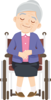 Grandma sits in a wheelchair listening to emotional music and reminiscing happily. png