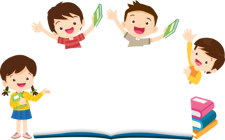 A billboard with children standing around a large open book with joy. png