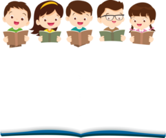 Advertisement featuring cute children reading books above a large open mock-up book with cheerful expressions. png