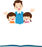Advertisement featuring a smiling male teacher and a cheerful boy and girl standing behind a large open mock-up book. png