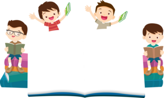 Advertisement featuring cute children reading books with a pile of textbooks next to a large open mock-up book. png