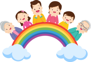 A happy family is sitting happily with their chins on a beautiful rainbow. png