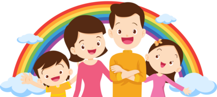 Advertisement of a happy, smiling family with a beautiful rainbow as a backdrop. png