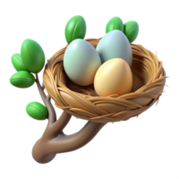Bird eggs lying in the nest on a tree branch 3d illustration isolated on the transparent background png