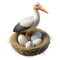 Stork bird standing in the nest with eggs 3d illustration isolated on the transparent background png