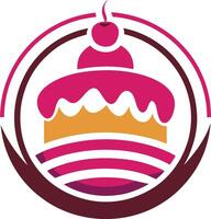 Cake icon featuring a layered design, adorned with a glossy pink frosting and a delightful cherry on top vector