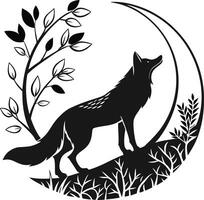 Fox standing on a crescent moon, framed by branches and foliage, creating a mystical and serene scene vector