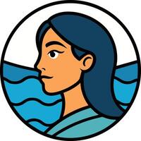 Woman's profile set against a background of stylized waves and sky vector