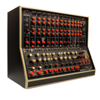 an analog synthesizer with many knobs and buttons isolated on transparent background png