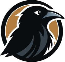 Raven in Emblem A close up illustration of a raven set inside a golden circle vector