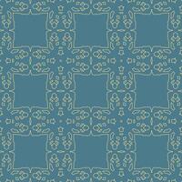 Detailed seamless ornamental pattern. Symmetrical design with repeating motifs. Thin, light lines creating geometric shapes. Soft, muted blue background. Pale yellow outlining. vector