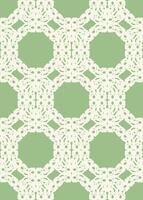 Lace-like geometric pattern. Light cream design. Soft green background. Seamless repeat. Intricate floral motifs. Symmetrical arrangement. Delicate texture. Vintage-inspired style. Decorative textile vector