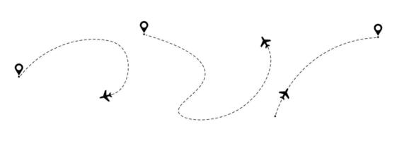 Airplane silhouettes dashed lines connecting starting and ending points marked by location pins. vector