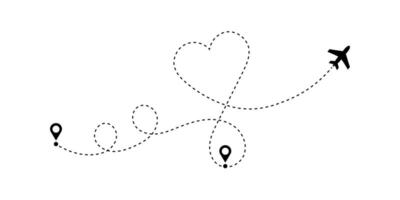 Airplane flight route with start point and dash line. Heart shaped flight path a romantic journey. vector
