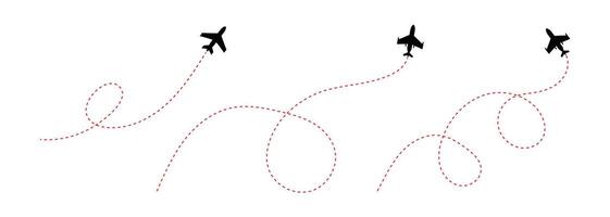 Airplane silhouettes with dotted lines depicting their winding flight paths. Airline route with plane icon. vector