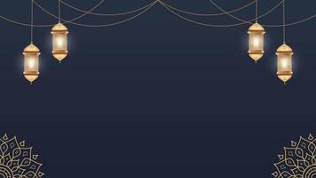 Simple Luxurious Looping Animation Islamic Blank Horizontal Background Design with Ornate Gold Lanterns And Decorations On Deep Blue Gradient Theme video