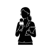 A woman holding a microphone and holding a notepad vector