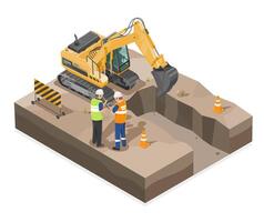 Isometric Illustration of an Excavation Site with Engineers Supervising a Construction Project for Underground Pipeline Installation vector
