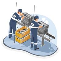 Factory workers assembling engine blocks on automated production line in manufacturing industry with parts container and industrial tools in isometric cartoon style vector