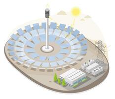 Concentrated Solar Power CSP Tower System with Heliostat Mirrors for Renewable Energy Generation isometric isolated vector