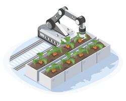 Future Food Sustainable Agriculture with AI Smart Robot Cultivating and Harvesting Crops Efficiently isometric vector
