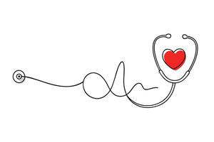 Continuous Line Art Stethoscope with Red Heart Medical, Health, and Love on White Background vector
